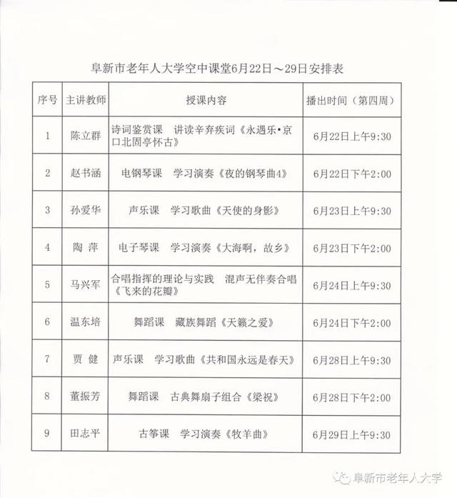 阜新市老年人大學空中課堂6.22~6.29課程表