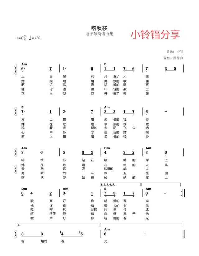 電子琴譜《喀秋莎》《家鄉》《青藏高原》《走天涯》《踏浪》